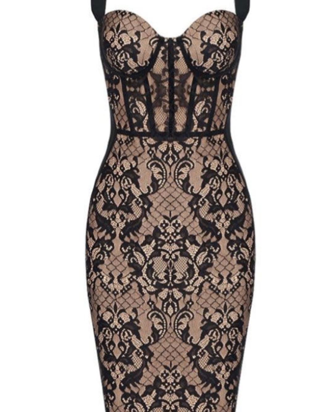 Black Lace-Overlay Nude Midi Dress